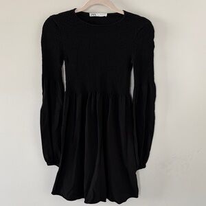 Zara Black Long-Sleeve Smocked Dress